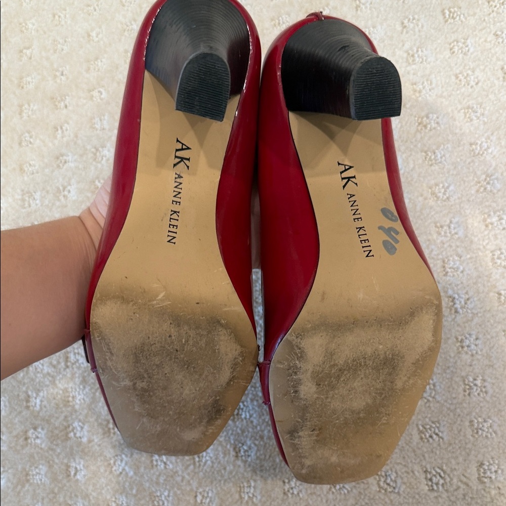 Anne Klein Red Patent Leather Buckle Pumps | Square Toe - Picture 7 of 9